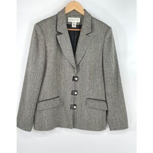 Jones New York Suit Womens Blazer 14 Wool Blend Grey Herringbone Piping